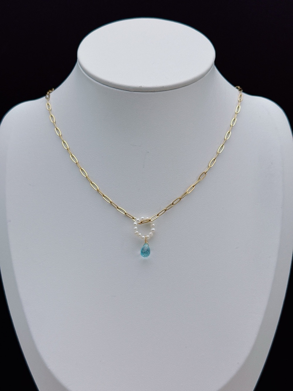 26X525 Handmade Freshwater Pearl Blue Topaz Stainless Steel Necklace 16+2”